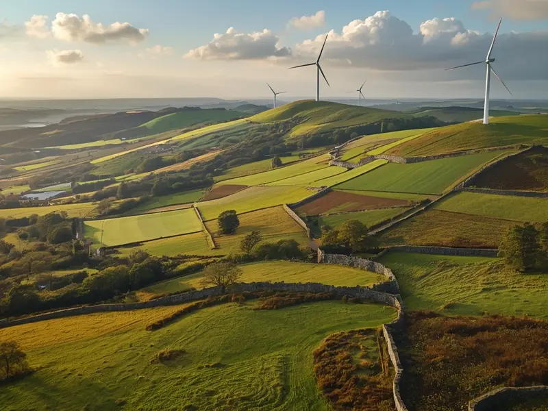 Irish countryside landscape showing traditional agriculture alongside renewable energy infrastructure, symbolizing sustainability transition