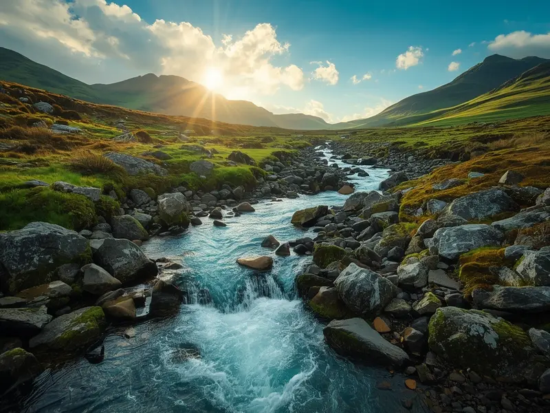 Irish mountain stream and pristine landscape representing environmental protection and natural resource management