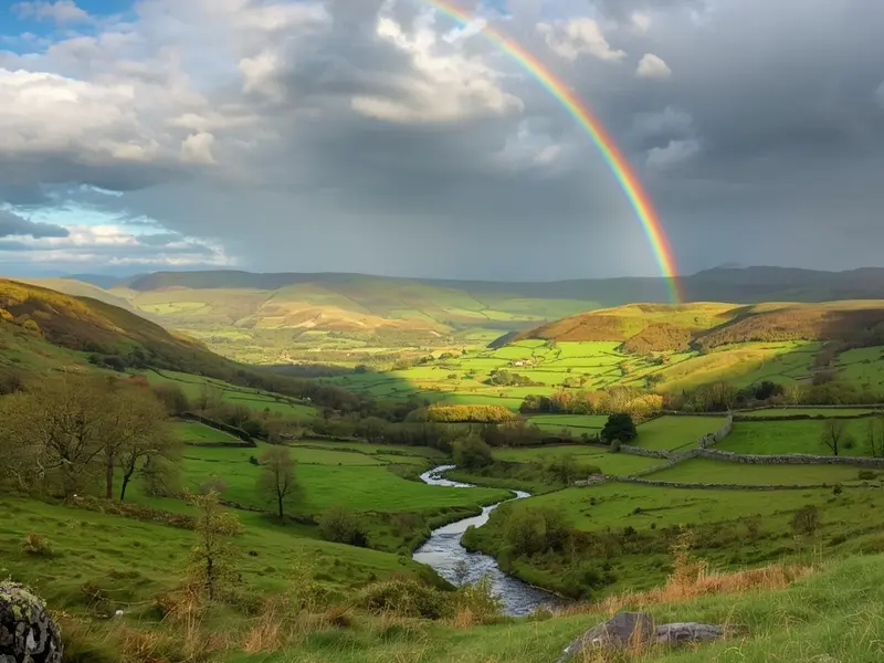 Irish valley landscape with rainbow after storm, representing opportunities and positive outcomes from sustainability effort