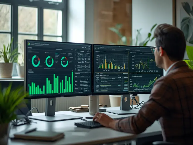 Sustainability professional analyzing environmental KPIs and performance metrics dashboard