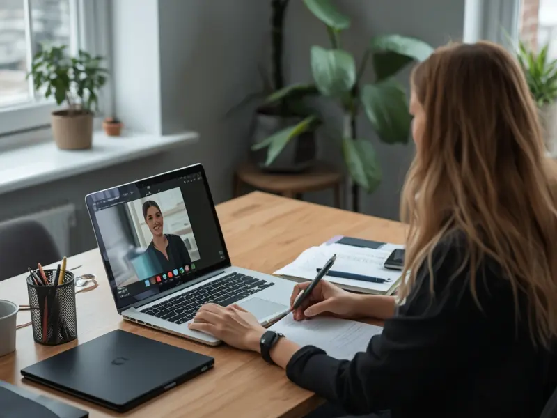 Professional participating in free member sustainability webinar from home office