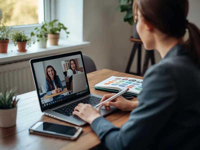 Professional participating in monthly sustainability webinar from home office
