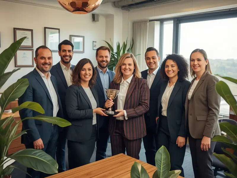 Irish sustainability team celebrating award win in modern office