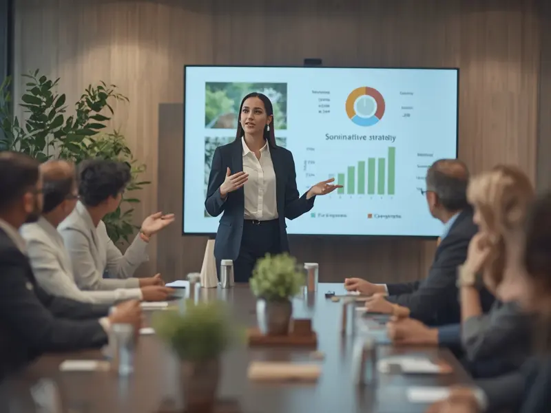 Corporate sustainability manager presenting environmental strategy and carbon reduction plans to executive leadership team