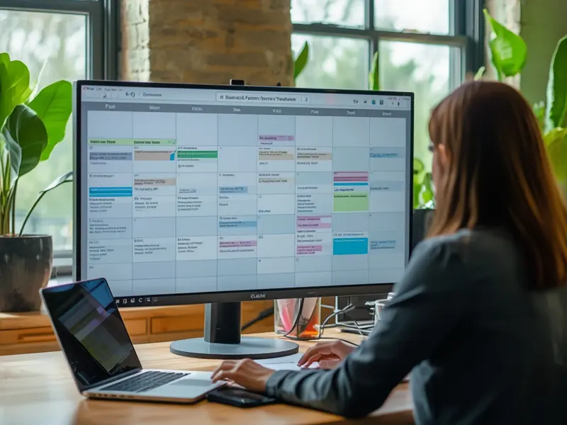 Professional reviewing comprehensive ESG events calendar on digital platform