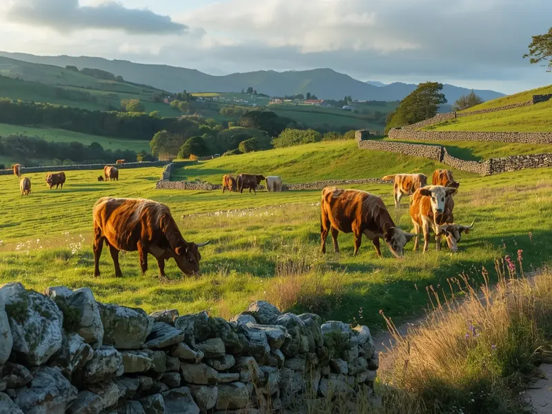 Northern Ireland farmland with livestock grazing in green pastures