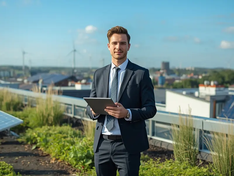 Sustainability professional advancing green career in Ireland with modern eco-city infrastructure
