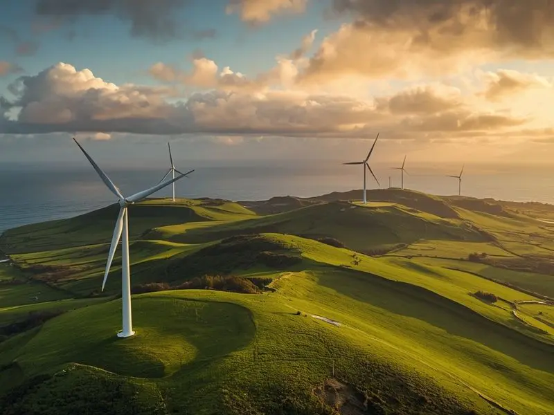 Wind turbines on Irish hillside overlooking the Atlantic Ocean, representing Ireland's renewable energy transition