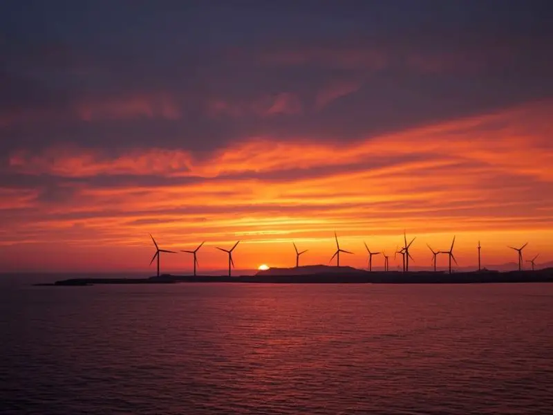 Offshore wind turbines at sunset along the Irish coast, part of Ireland's renewable energy infrastructure