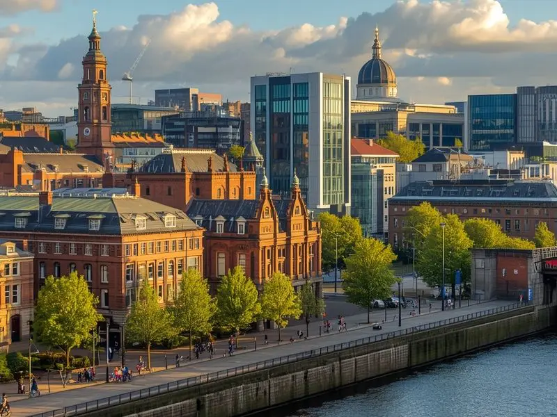 Belfast city center representing Northern Ireland's urban sustainability efforts with commercial buildings requiring energy efficiency improvements
