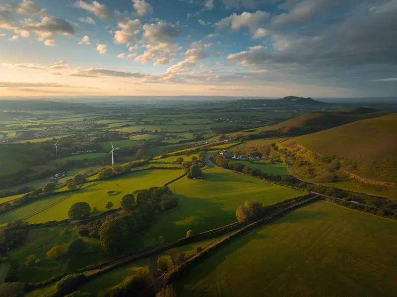 Aerial view of Irish countryside showing agricultural fields and wind turbines representing Ireland's mixed emissions landscape