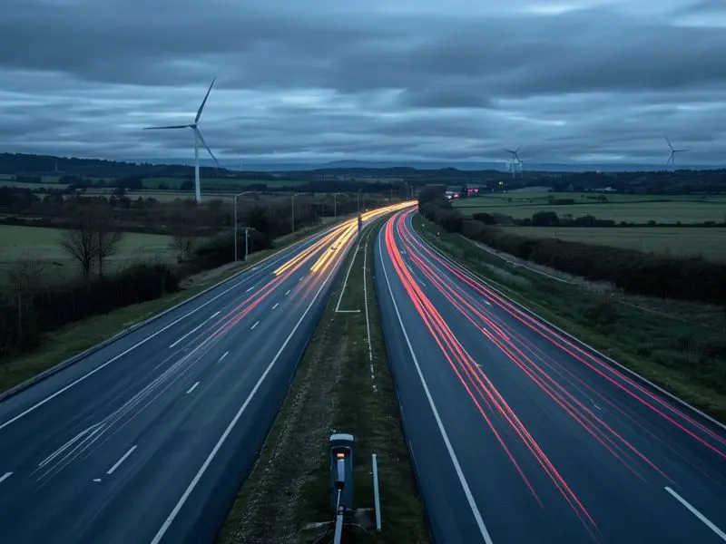 Irish highway with vehicle traffic and EV charging infrastructure representing the transport sector's transition