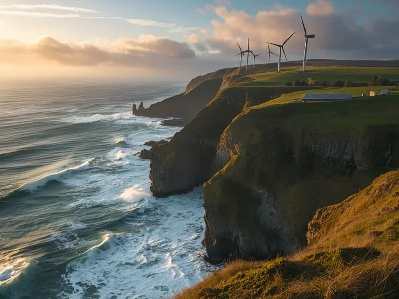 Irish coastal landscape featuring offshore wind turbines and solar installations symbolizing renewable energy transition