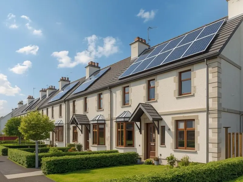 Irish residential street showing homes with solar panels representing the retrofit revolution in the building sector