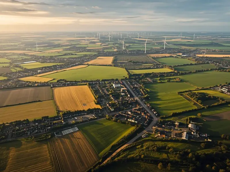 Comprehensive Irish landscape showing multiple sectors including agriculture, energy, and transport infrastructure working together