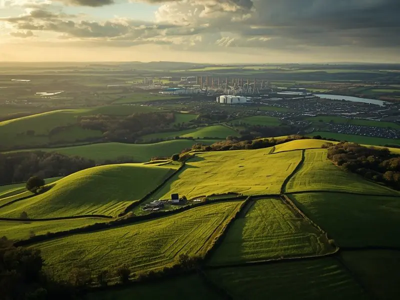 Aerial view of Irish landscape showing green fields and industrial development representing environmental law compliance