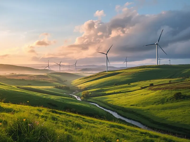 Wind turbines on Irish hillside representing renewable energy and climate action goals