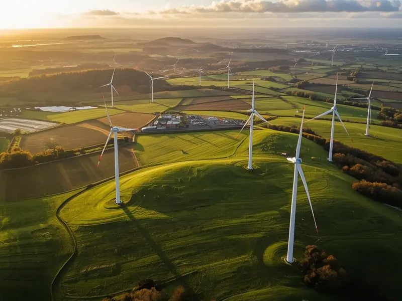 Wind turbines standing in lush Irish countryside representing green jobs and renewable energy employment opportunities