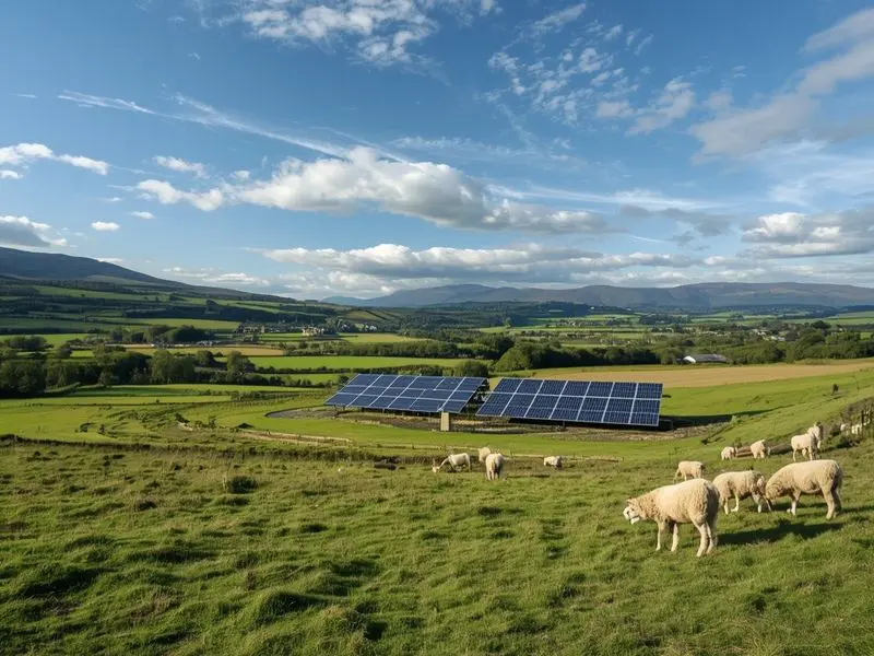 Solar farm integrated with Irish farmland demonstrating rural green employment opportunities and sustainable agriculture