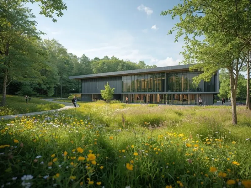 Green business campus integrated with natural Irish landscape representing sustainable workplace environments and green career opportunities