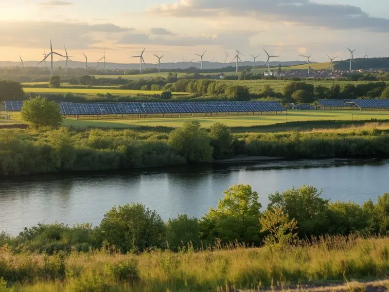 Irish landscape with renewable energy infrastructure at sunrise symbolizing the future of green jobs and sustainable employment in Ireland
